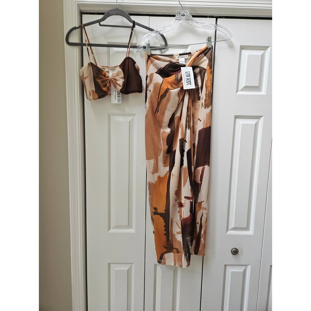 12th Tribe Women Brown Abstract Print Mesh 2 Piece Set Crop Top Midi Skirt Small